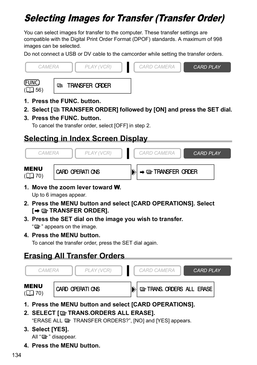 Canon MVX40i manual Erasing All Transfer Orders, Menu Card Operations TRANS.ORDERS ALL Erase, Select TRANS.ORDERS ALL Erase 