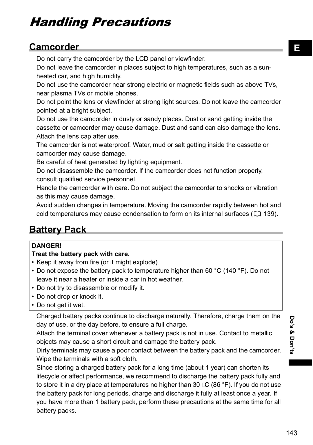 Canon MVX-45i, MVX40i manual HandlingDo’s & Don’tsPrecautions, Camcorder, Battery Pack, Treat the battery pack with care 