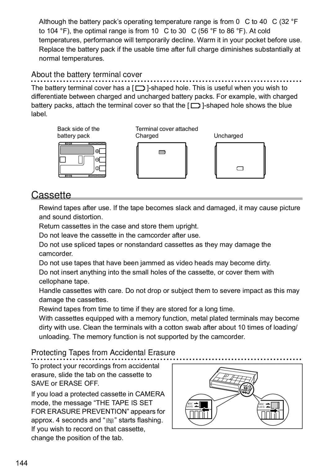 Canon MVX40i, MVX-45i manual Cassette, About the battery terminal cover, Protecting Tapes from Accidental Erasure 