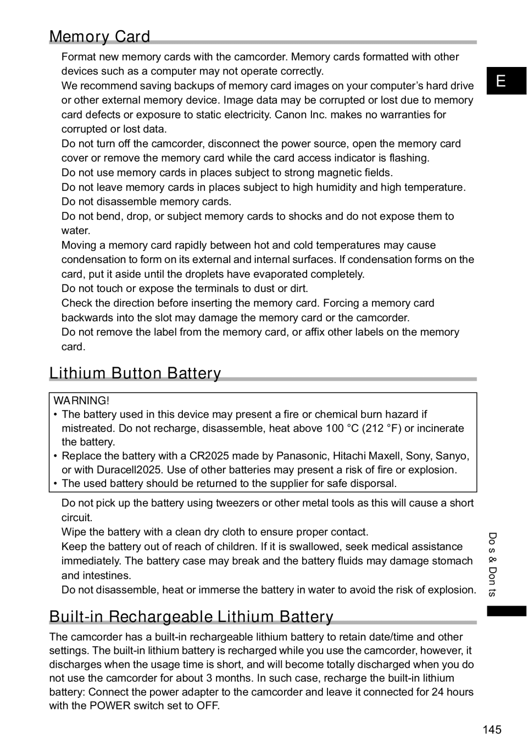 Canon MVX-45i, MVX40i manual Memory Card, Lithium Button Battery, Built-in Rechargeable Lithium Battery 