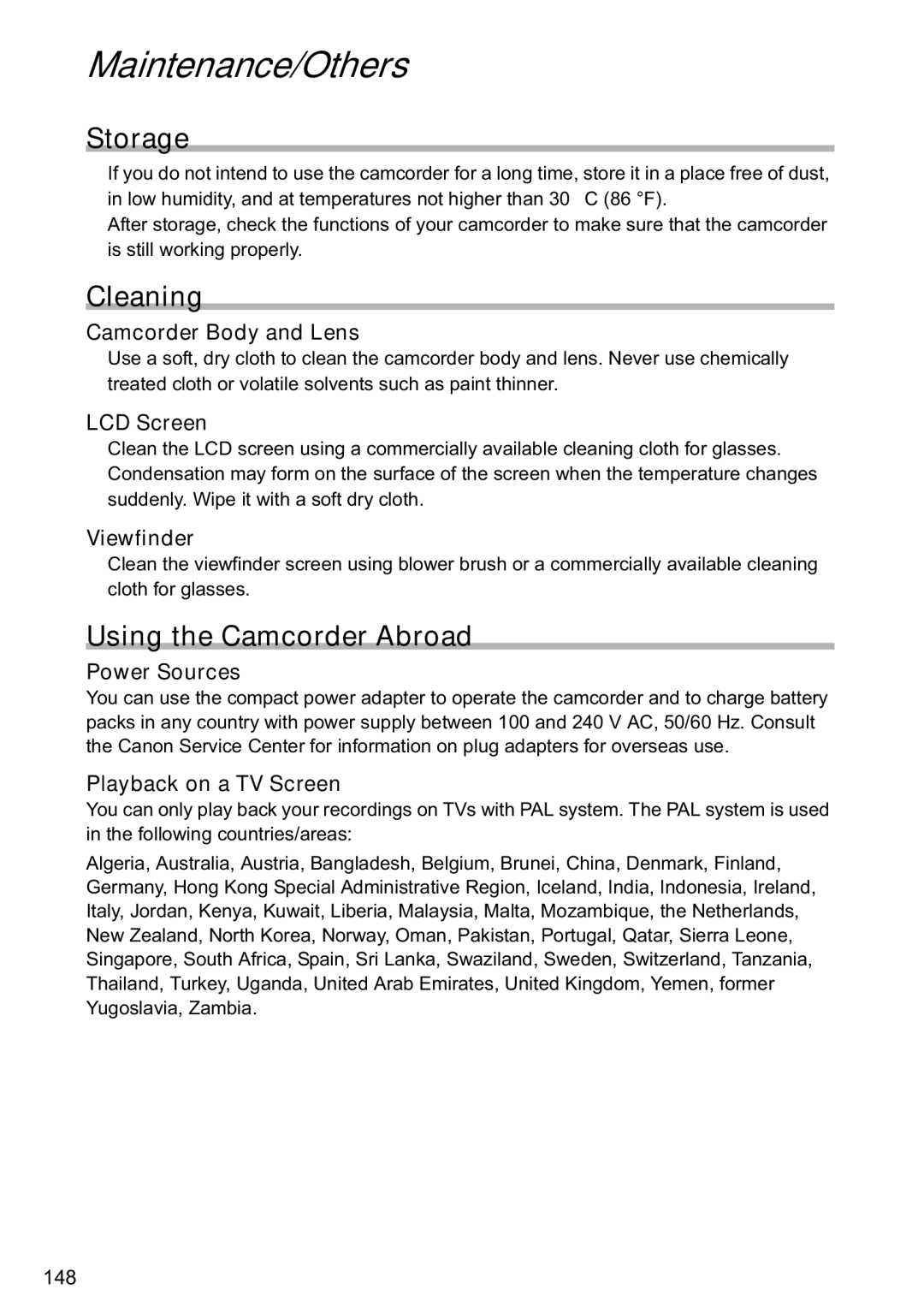 Canon MVX40i, MVX-45i manual Maintenance/Others, Storage, Cleaning, Using the Camcorder Abroad 