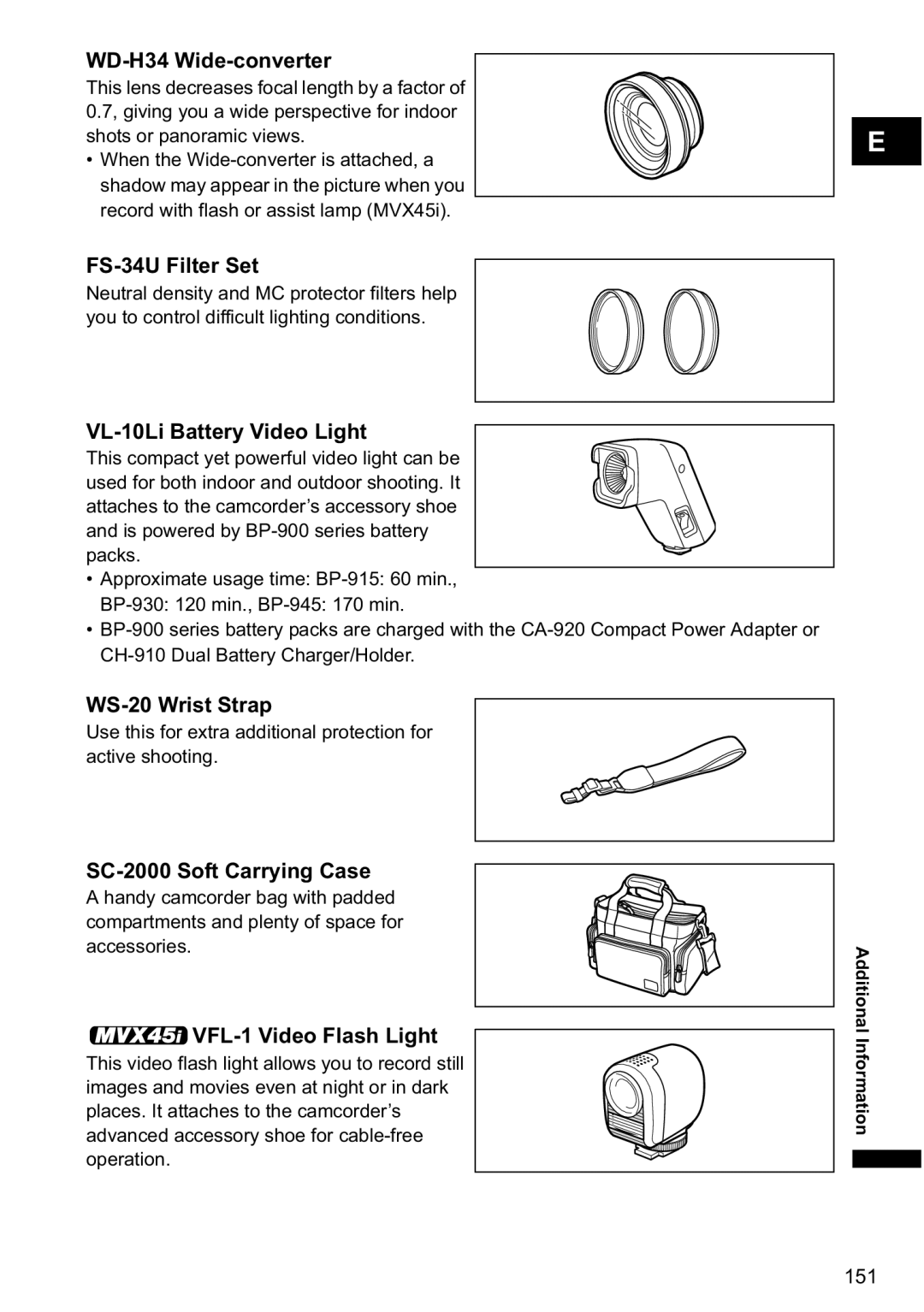 Canon MVX-45i, MVX40i manual WD-H34 Wide-converter, FS-34U Filter Set, VL-10Li Battery Video Light, WS-20 Wrist Strap 