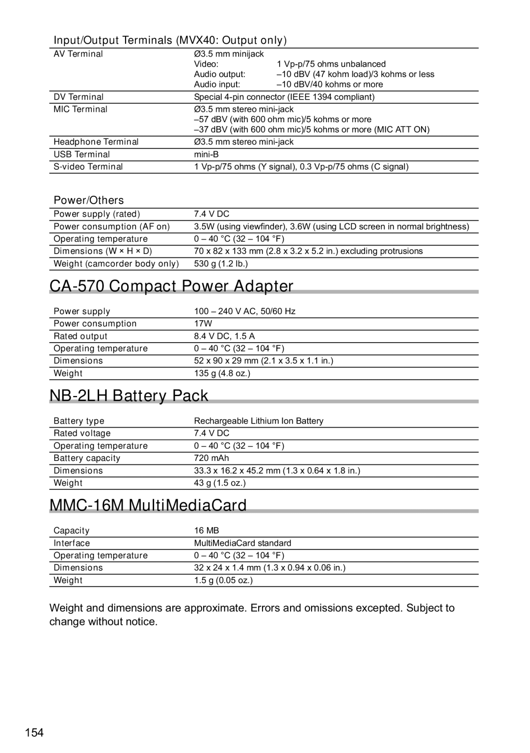 Canon MVX40i, MVX-45i manual CA-570 Compact Power Adapter, NB-2LH Battery Pack, MMC-16M MultiMediaCard, Power/Others 