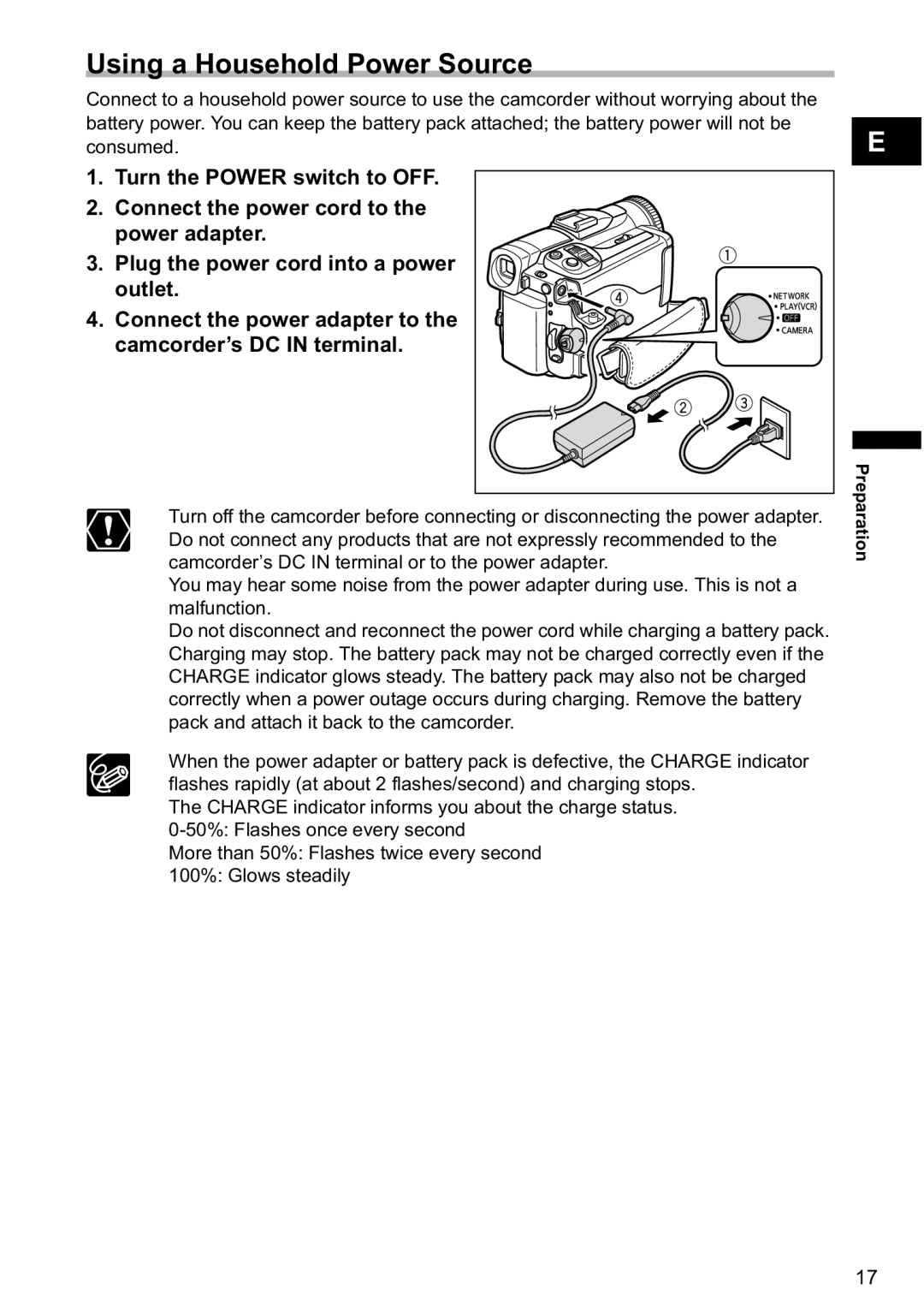 Canon MVX-45i, MVX40i manual Using a Household Power Source, Camcorder’s DC in terminal or to the power adapter 