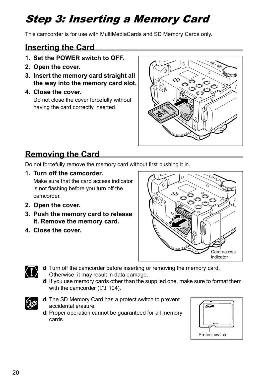 Canon MVX40i, MVX-45i manual Inserting a Memory Card, Inserting the Card, Removing the Card 