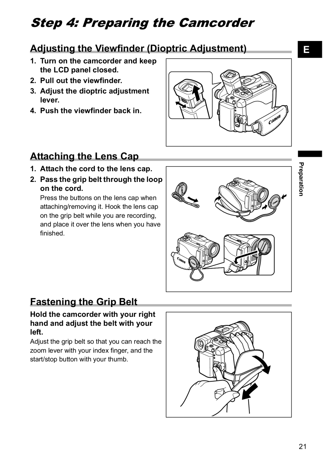 Canon MVX-45i, MVX40i manual Preparing the Camcorder, Adjusting the Viewfinder Dioptric Adjustment, Attaching the Lens Cap 