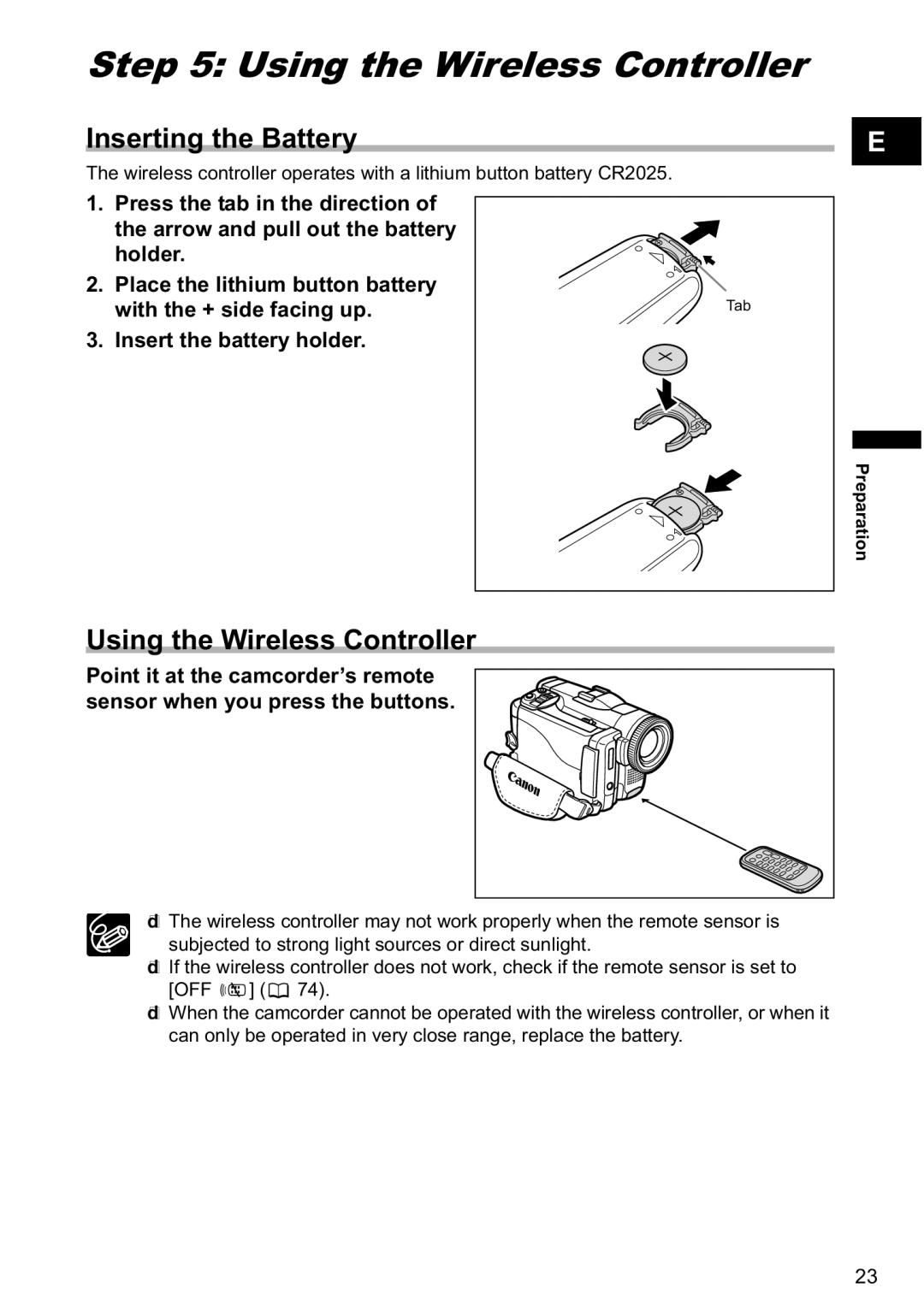 Canon MVX-45i, MVX40i manual Using the Wireless Controller, Inserting the Battery, Insert the battery holder 