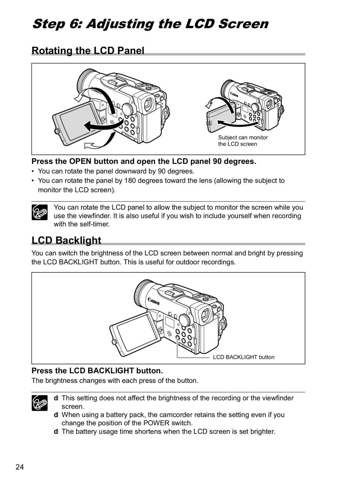 Canon MVX40i, MVX-45i manual Adjusting the LCD Screen, Rotating the LCD Panel, Press the LCD Backlight button 