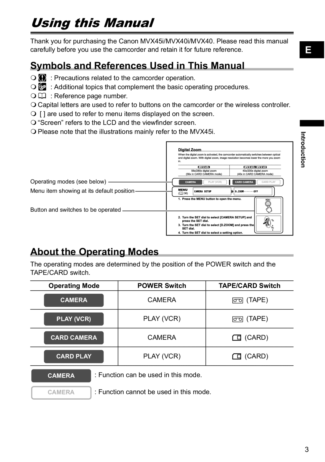 Canon MVX-45i, MVX40i manual Using this Manual, Symbols and References Used in This Manual, About the Operating Modes 