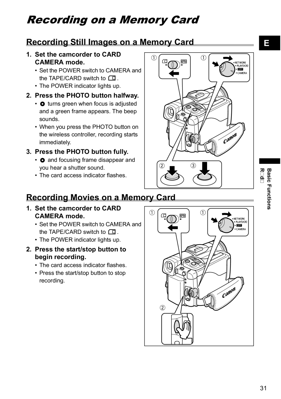 Canon MVX-45i manual Recording on a Memory Card, Recording Still Images on a Memory Card, Recording Movies on a Memory Card 