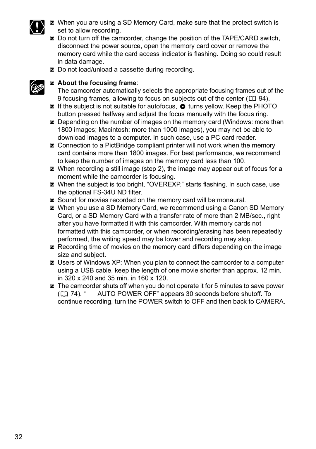 Canon MVX40i, MVX-45i manual  About the focusing frame 