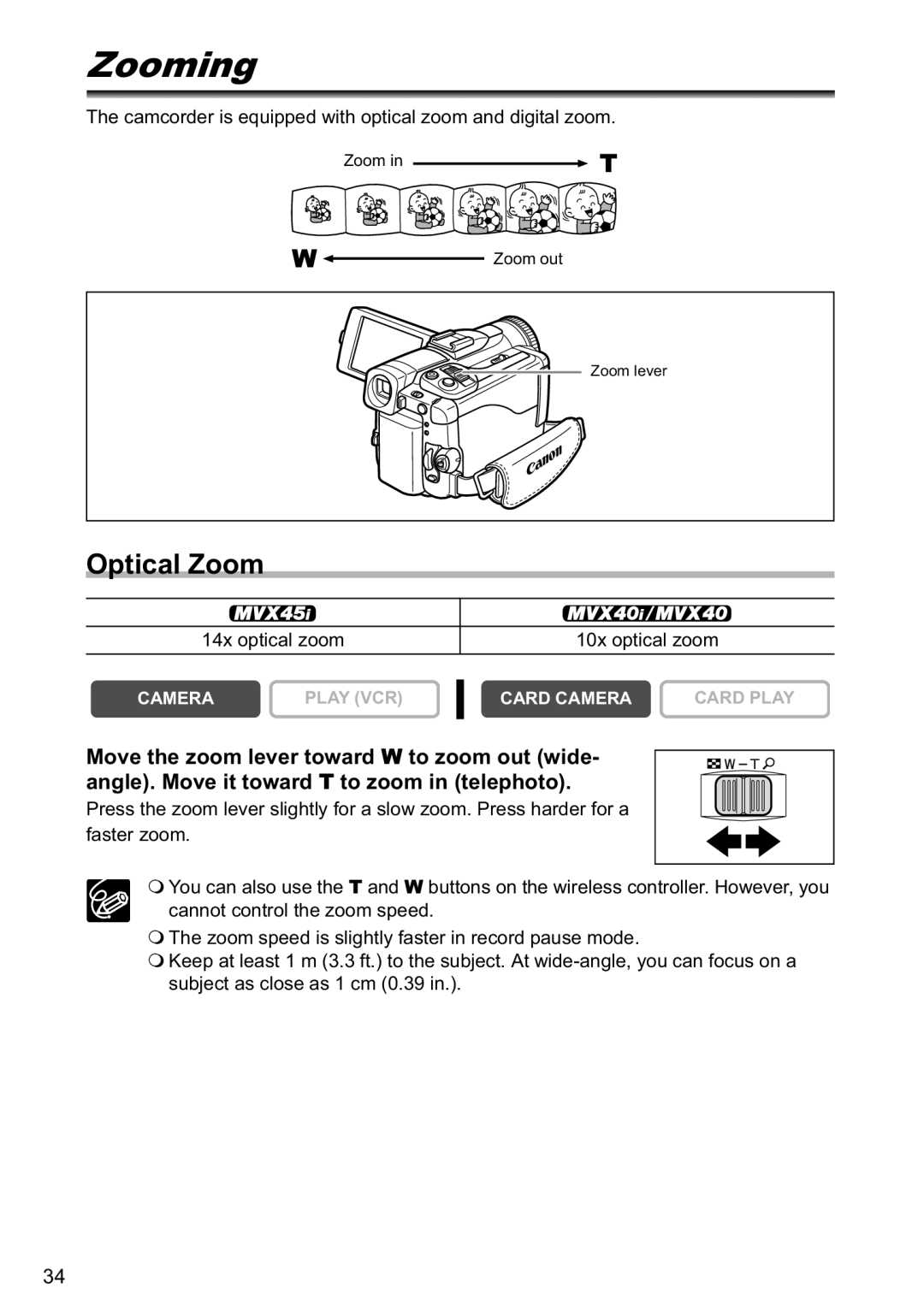 Canon MVX40i, MVX-45i manual Zooming, Optical Zoom, Camcorder is equipped with optical zoom and digital zoom 