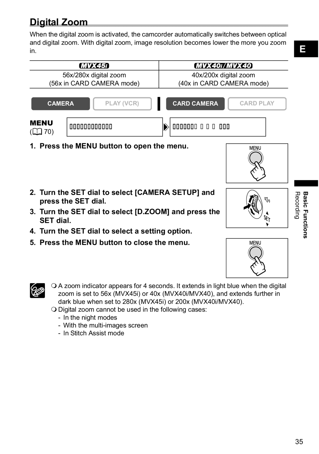Canon MVX-45i, MVX40i manual Digital Zoom, Menu Camera Setup 