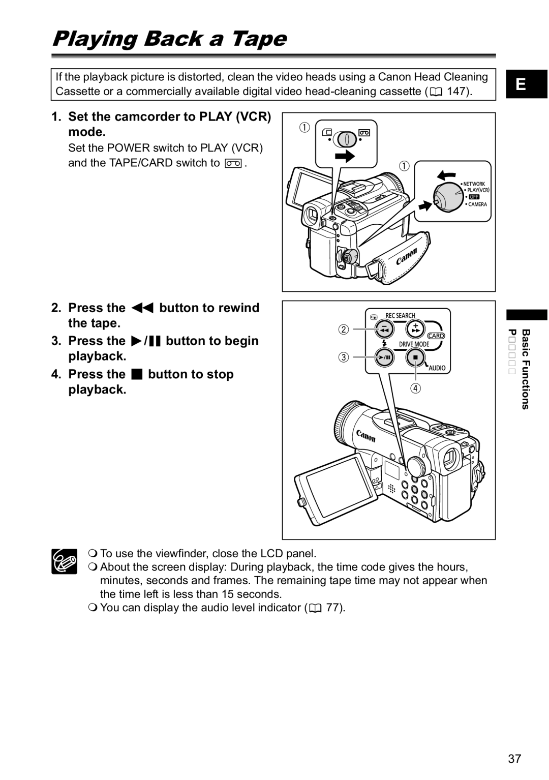 Canon MVX-45i, MVX40i manual Playing Back a Tape, Set the camcorder to Play VCR mode 