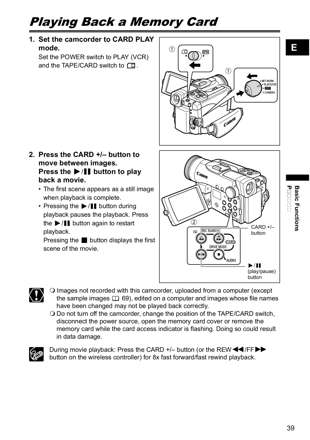 Canon MVX-45i, MVX40i manual Playing Back a Memory Card, Set the camcorder to Card Play mode 