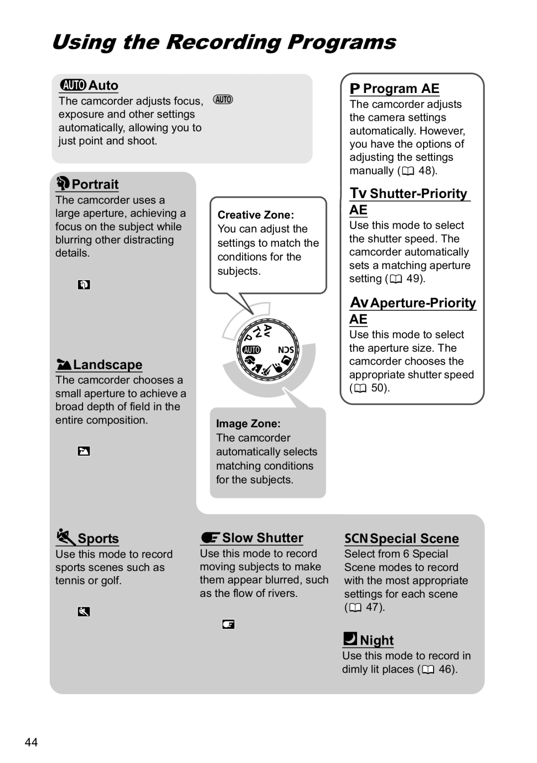 Canon MVX40i manual Using the Recording Programs, Creative Zone, Image Zone, As the flow of rivers Settings for each scene 