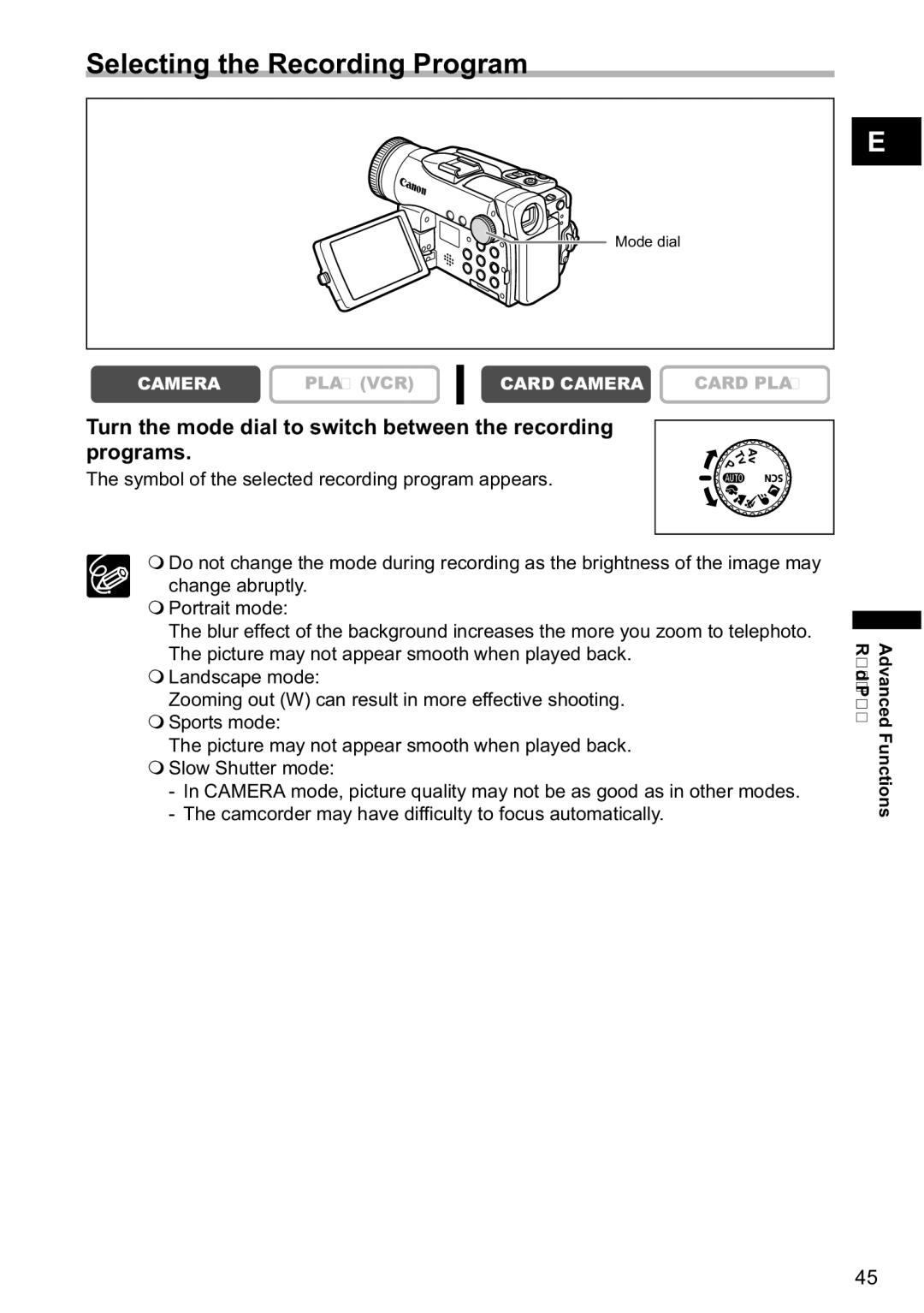 Canon MVX-45i, MVX40i manual Selecting the Recording Program, Turn the mode dial to switch between the recording programs 