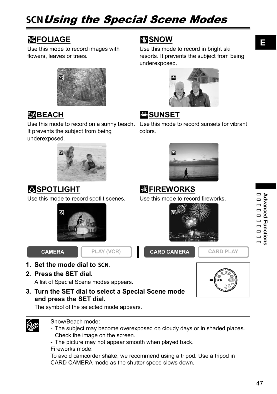 Canon MVX-45i, MVX40i manual Using the Special Scene Modes, Set the mode dial to Press the SET dial 