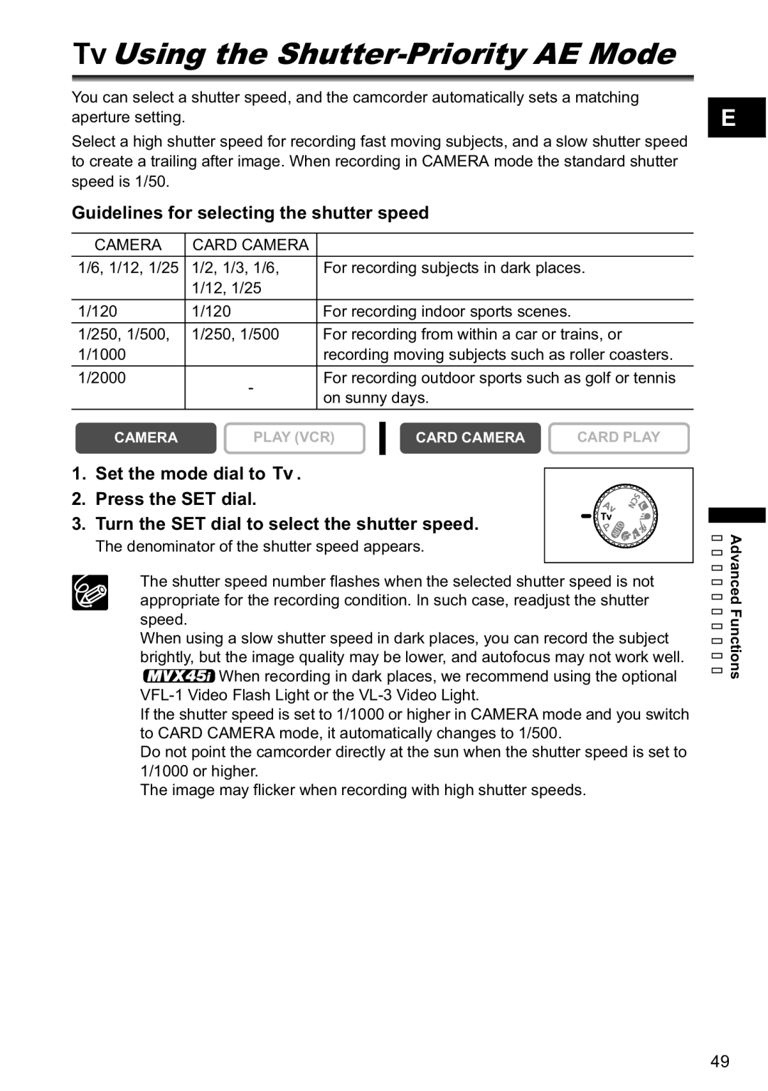 Canon MVX-45i, MVX40i manual Using the Shutter-Priority AE Mode, Guidelines for selecting the shutter speed 