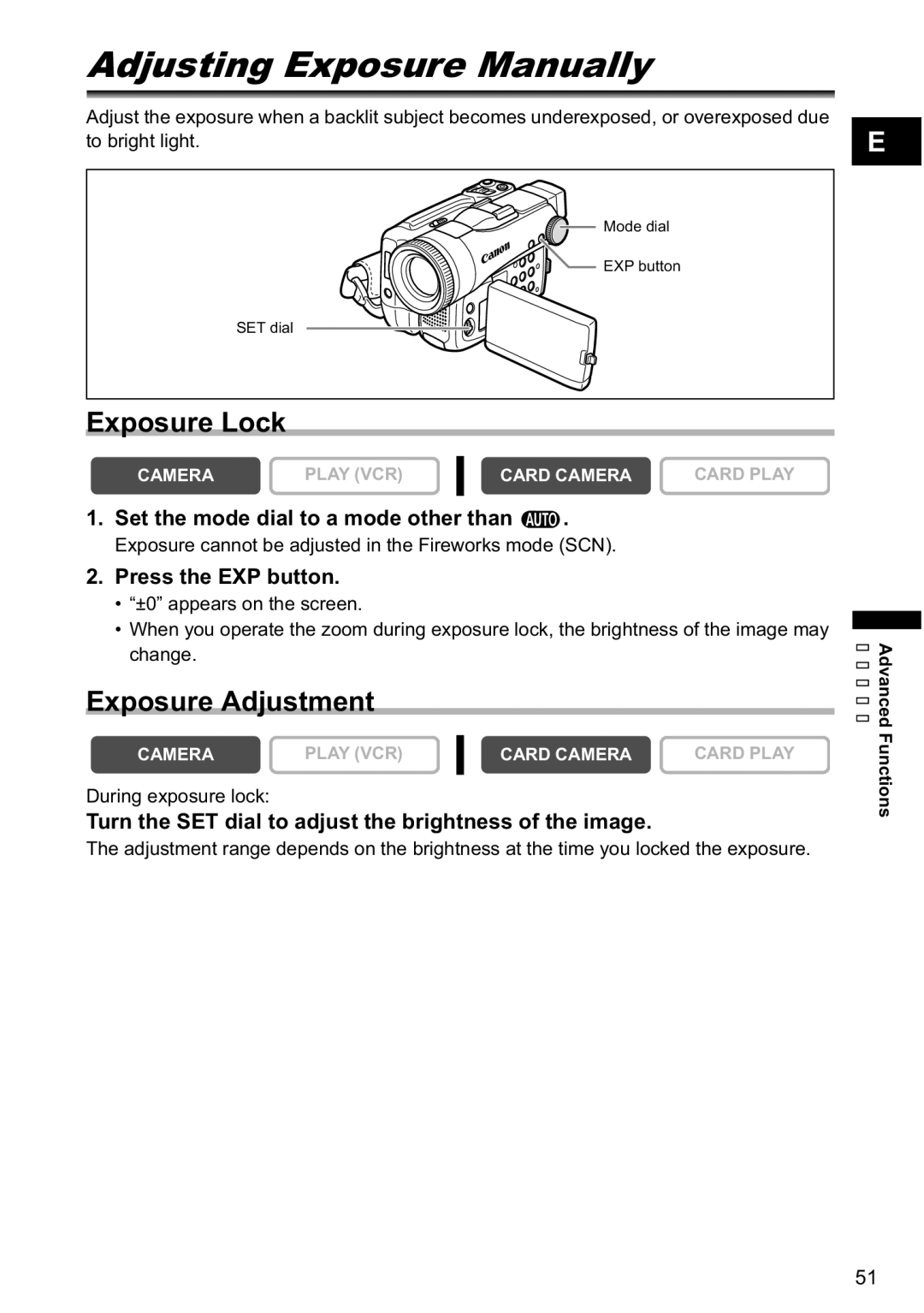 Canon MVX-45i, MVX40i manual AdjustingRecordingExposure Manually, Exposure Lock, Exposure Adjustment 