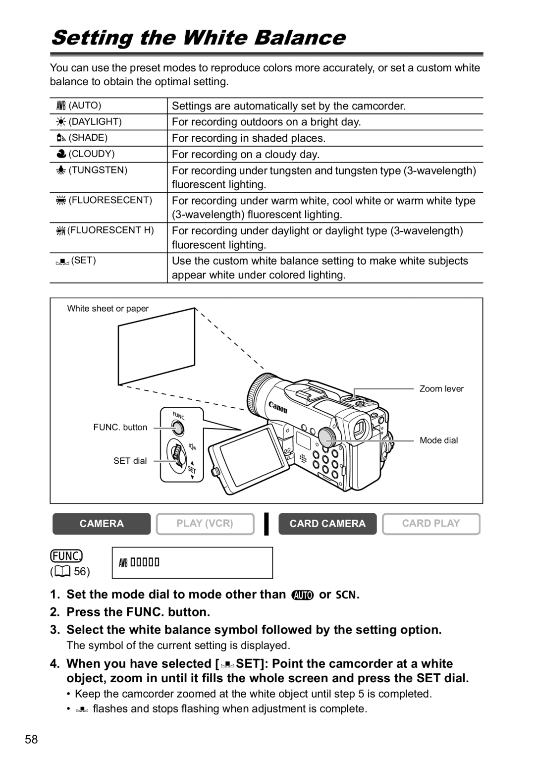 Canon MVX40i, MVX-45i manual Setting the White Balance, Auto 