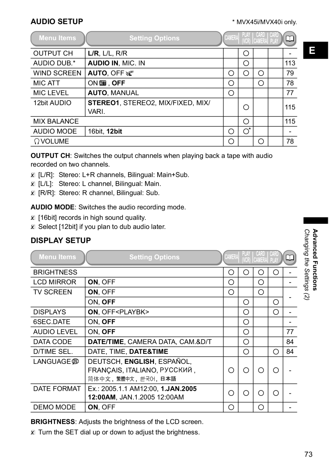 Canon MVX-45i manual Audio Setup, L/L, R/R, 12bit Audio, 16bit, 12bit, Ex .1.1 AM1200, 1.JAN.2005 1200AM, JAN.1.2005 1200AM 