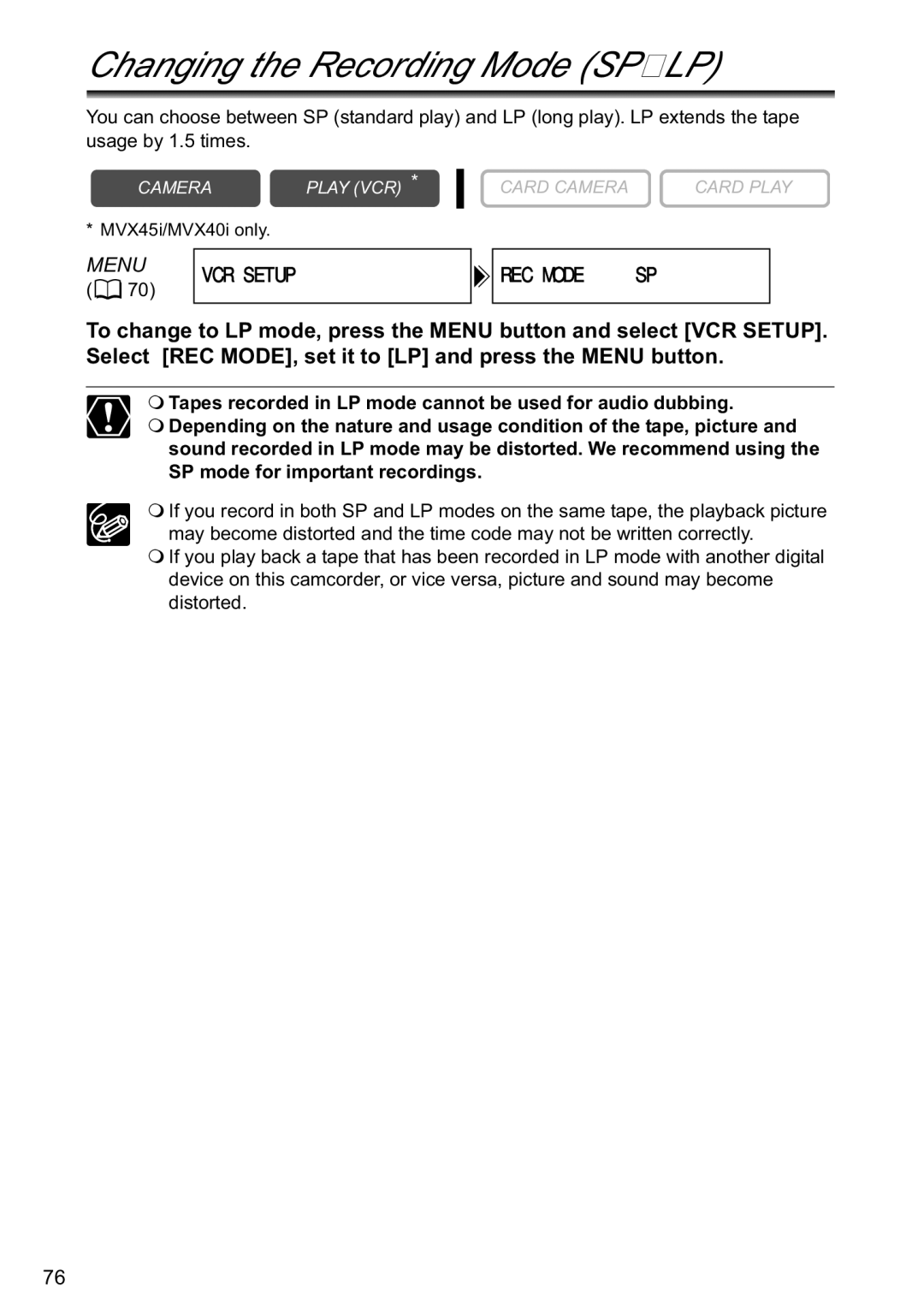 Canon MVX40i, MVX-45i manual Changing the Recording Mode SP/LP, Menu VCR Setup REC Modesp 