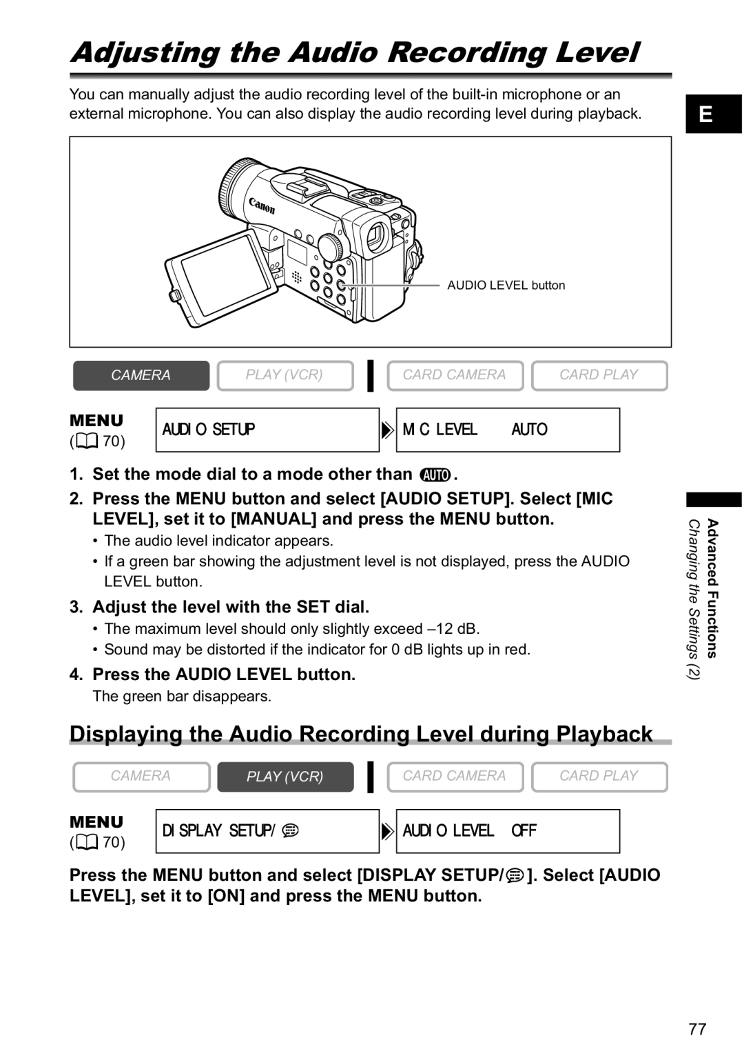 Canon MVX-45i, MVX40i manual Adjusting the Audio Recording Level, Displaying the Audio Recording Level during Playback 