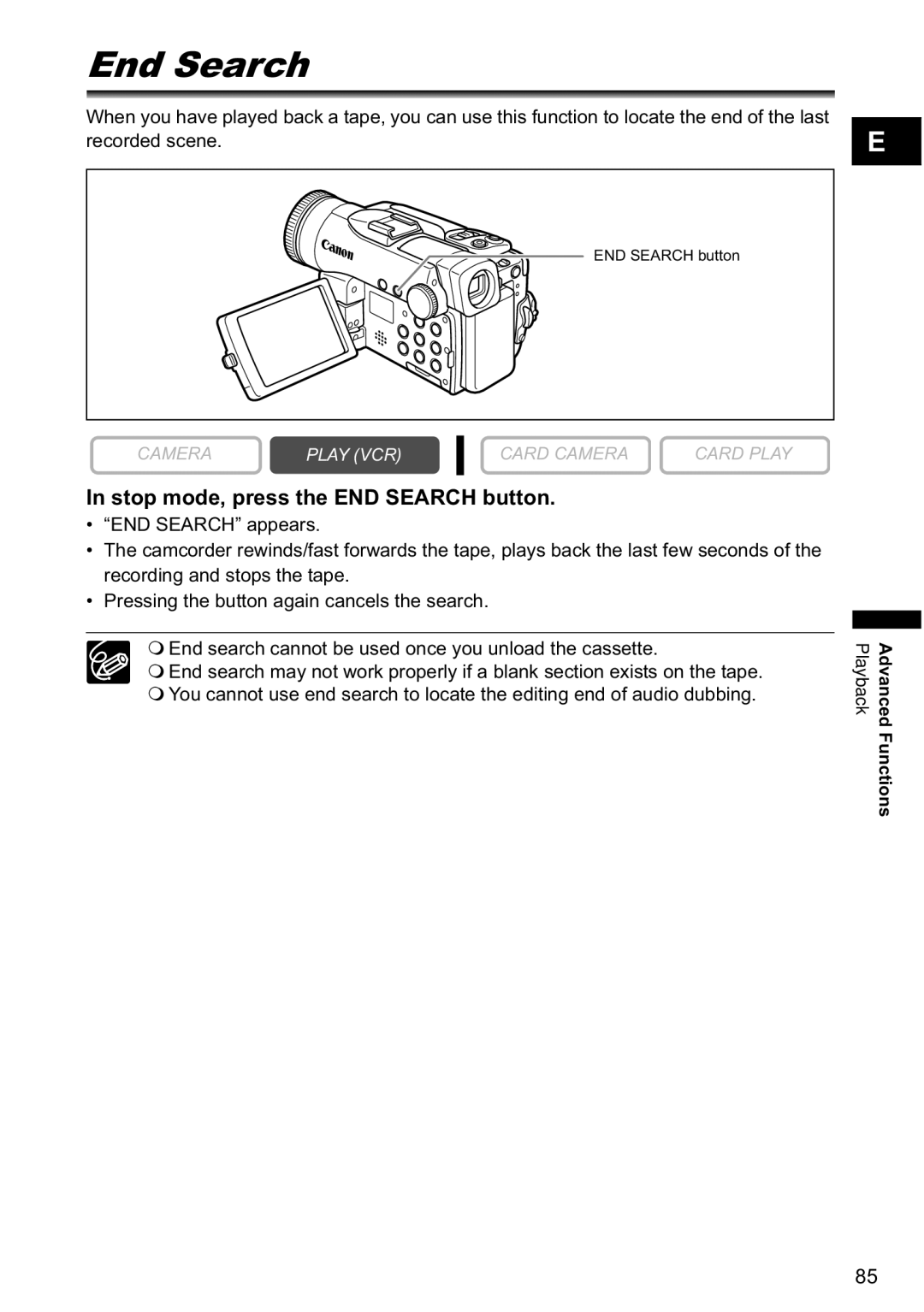 Canon MVX-45i, MVX40i manual End Search, Stop mode, press the END Search button 