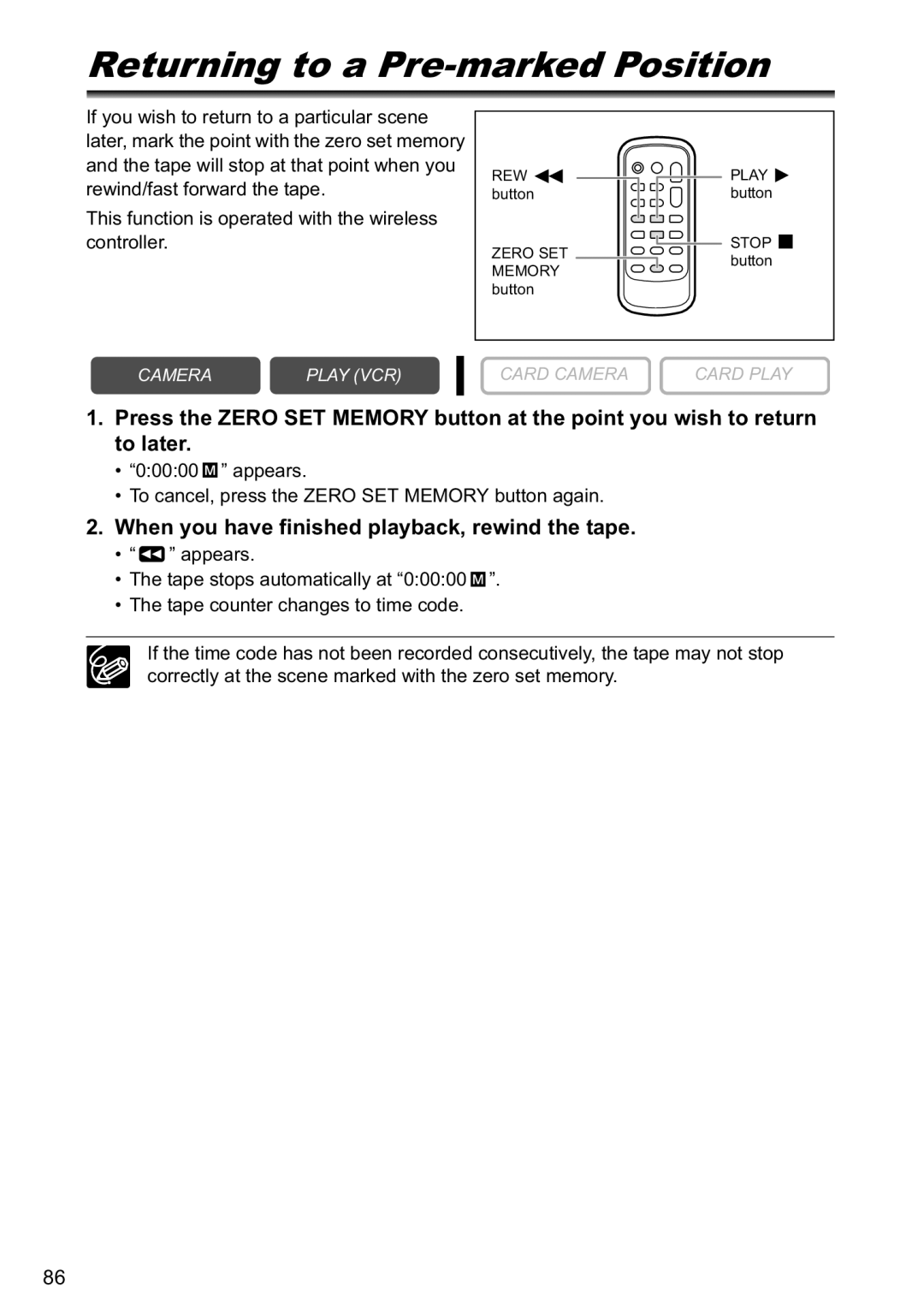 Canon MVX40i, MVX-45i manual Returning to a Pre-marked Position, When you have finished playback, rewind the tape 