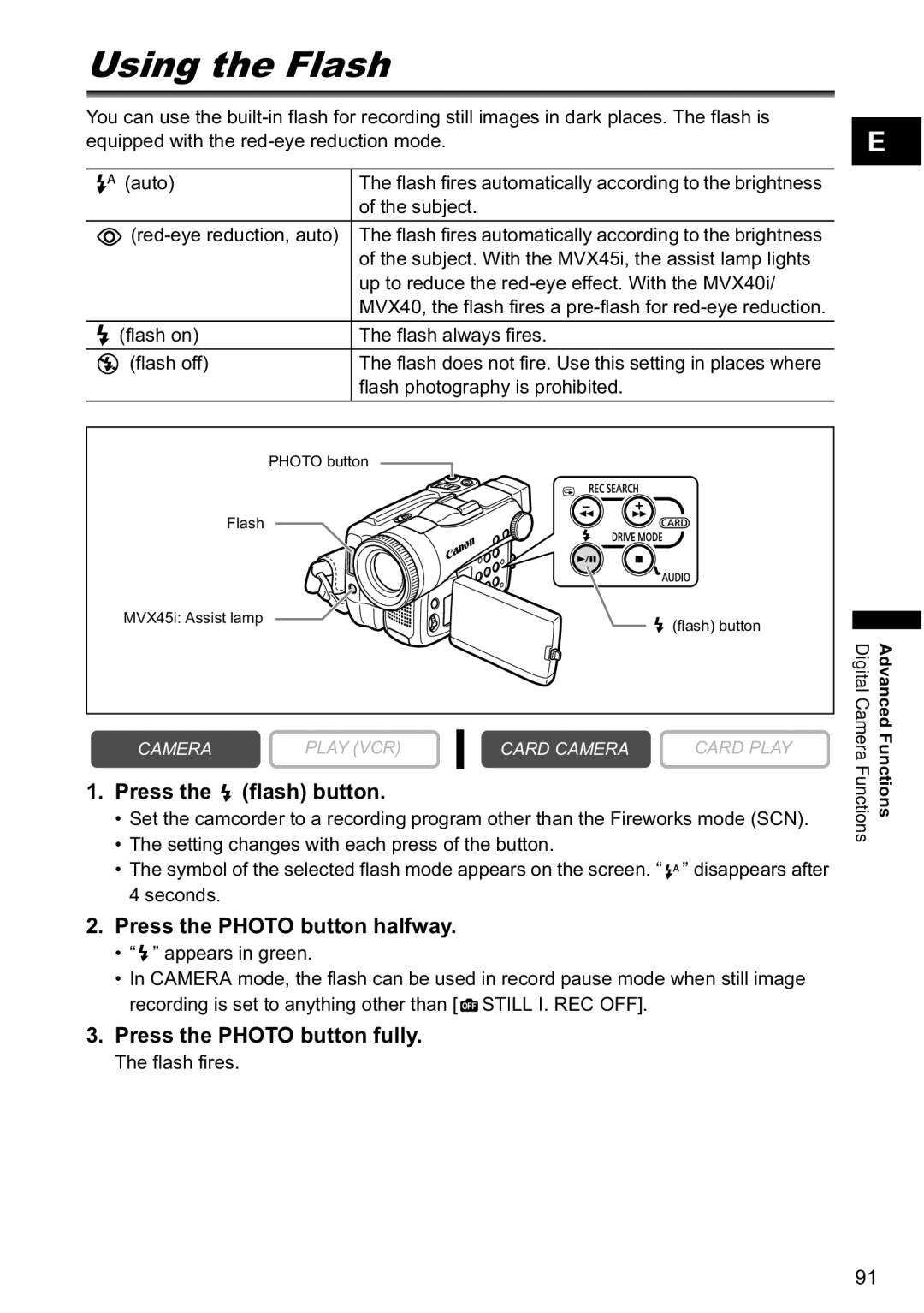 Canon MVX-45i, MVX40i manual Using the Flash, Press the flash button 