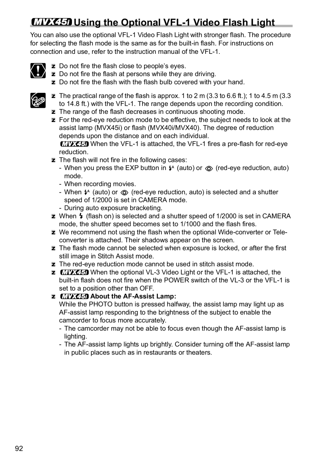 Canon MVX40i, MVX-45i manual Using the Optional VFL-1 Video Flash Light,  About the AF-Assist Lamp 