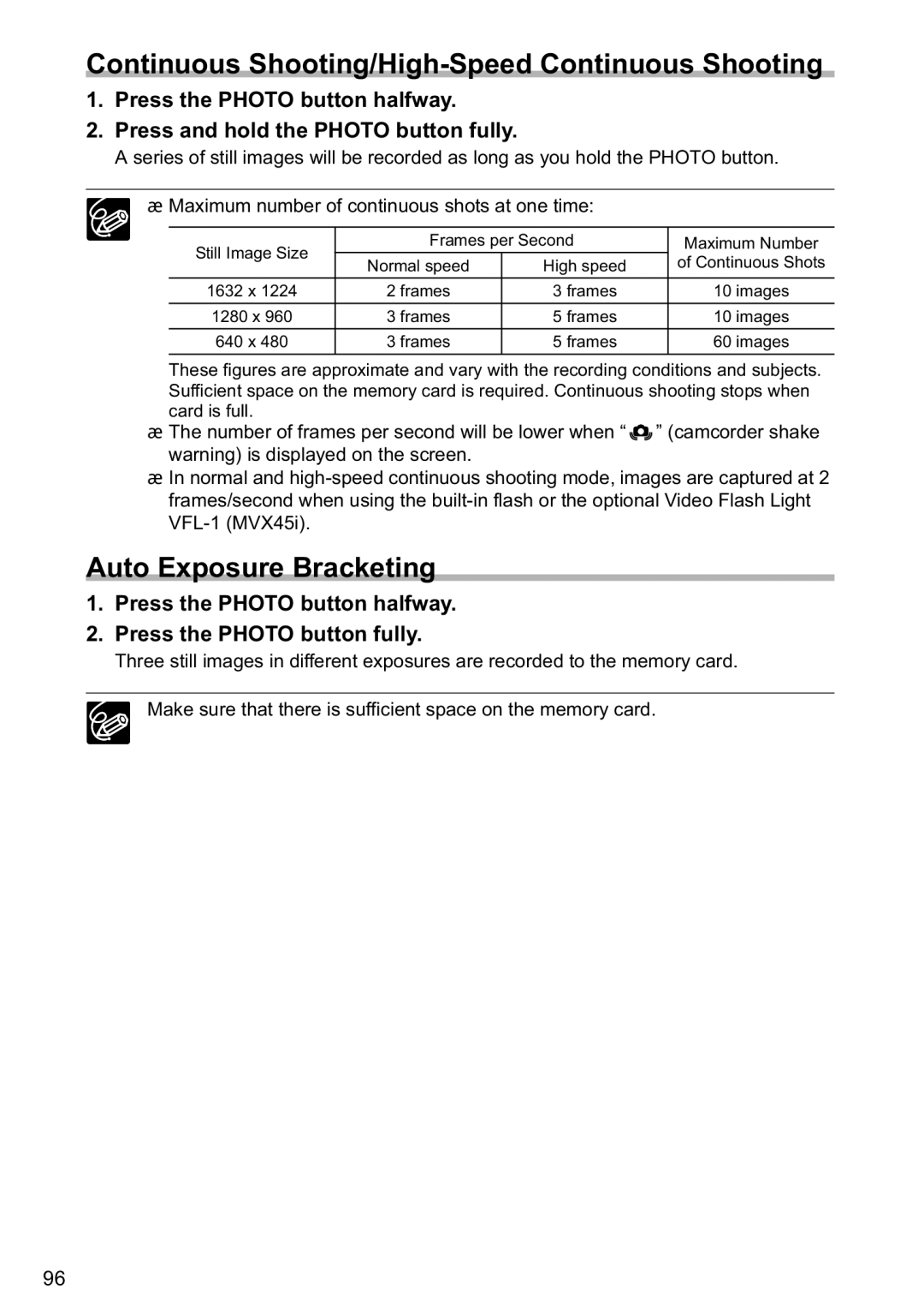 Canon MVX40i, MVX-45i manual Continuous Shooting/High-Speed Continuous Shooting, Auto Exposure Bracketing 