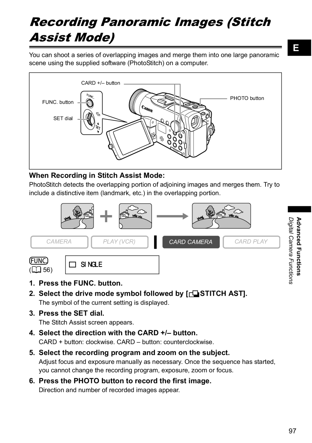 Canon MVX-45i, MVX40i manual Recording Panoramic Images Stitch Assist Mode, Single 