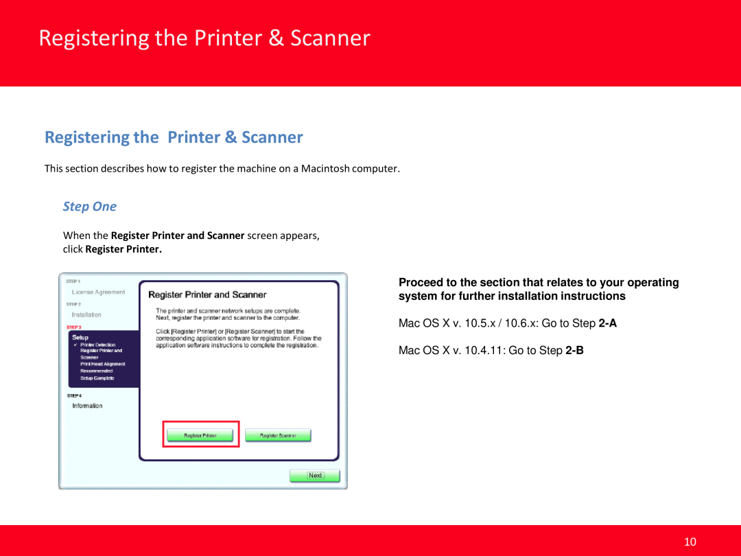 Canon MX350, MX340 manual Registering the Printer & Scanner, Step One, Mac OS X v. 10.5.x / 10.6.x Go to -A 
