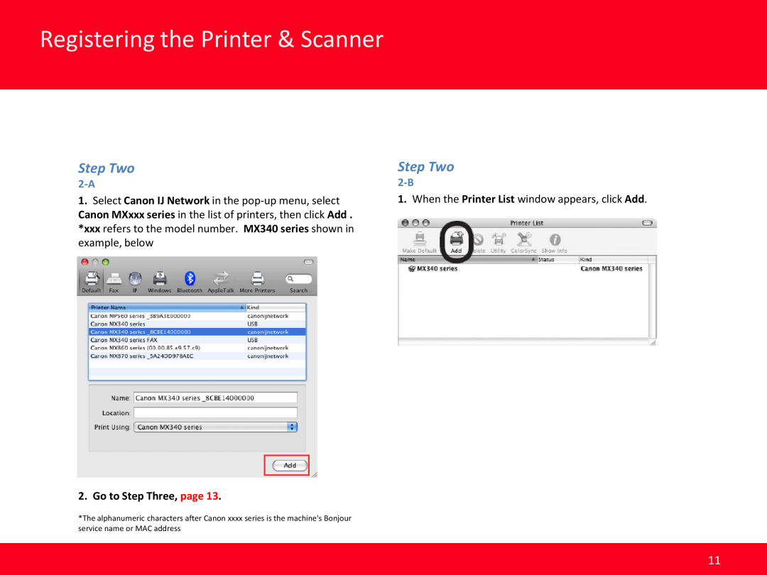 Canon MX340, MX350 manual Registering the Printer & Scanner, Step Two, Go to Step Three, page 