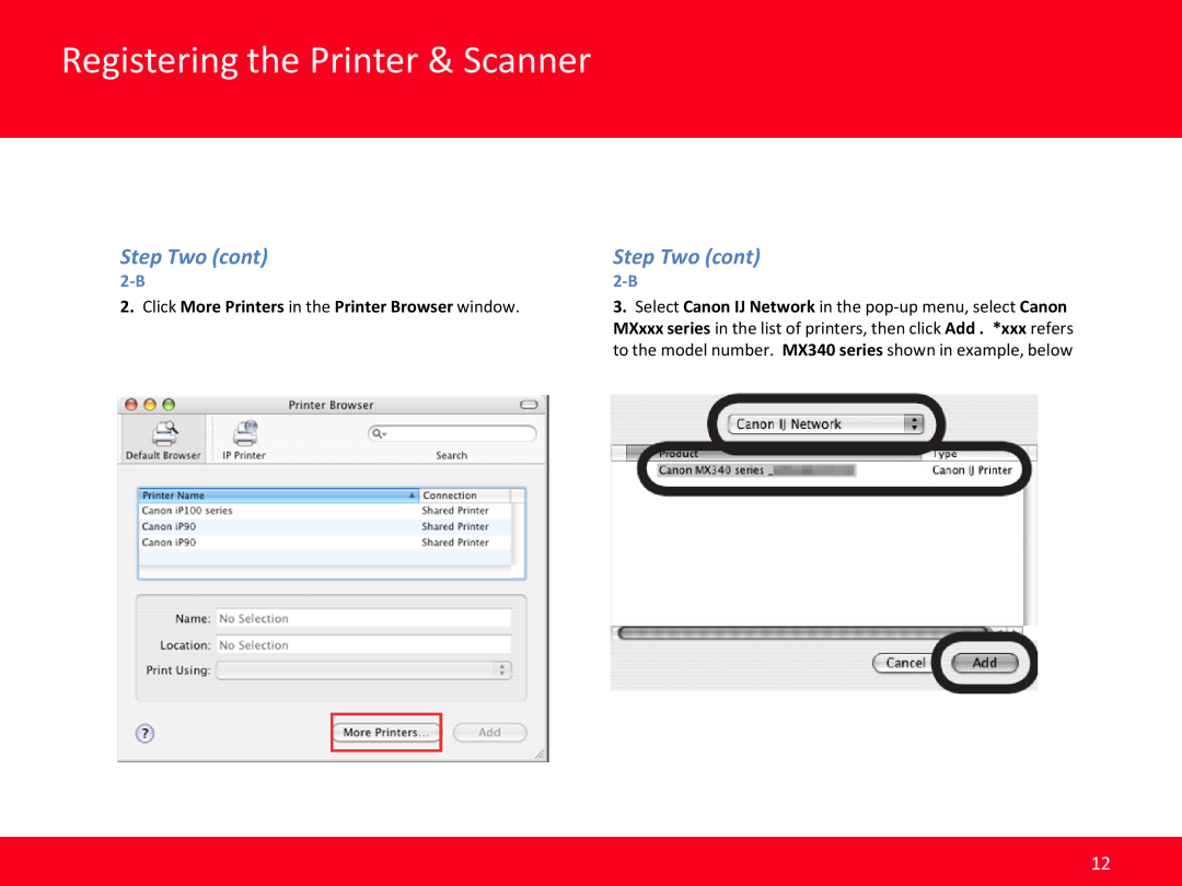 Canon MX350, MX340 Step Two cont, Registering the Printer & Scanner, Click More Printers in the Printer Browser window 