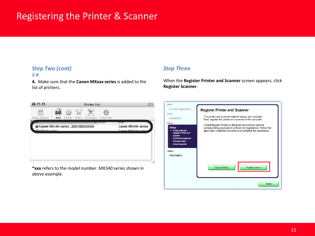 Canon MX340, MX350 manual Registering the Printer & Scanner, Step Two cont, Step Three, Register Scanner 