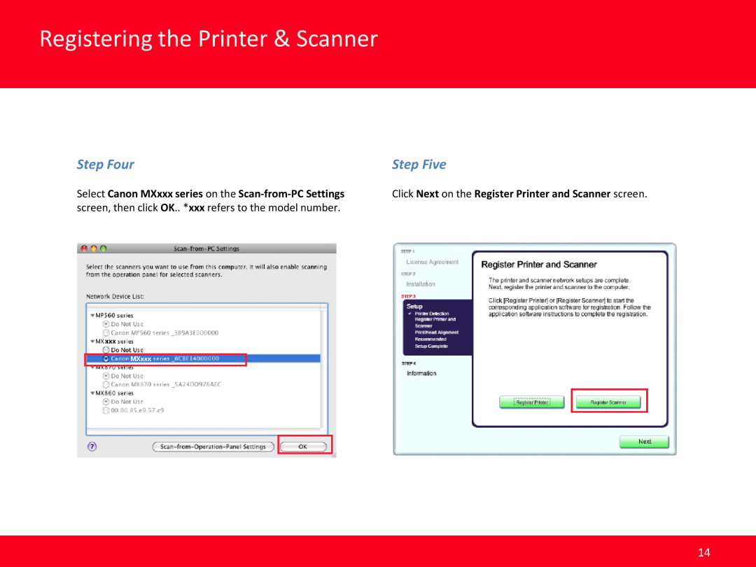 Canon MX350 Registering the Printer & Scanner, Step Four, Step Five, Click Next on the Register Printer and Scanner screen 