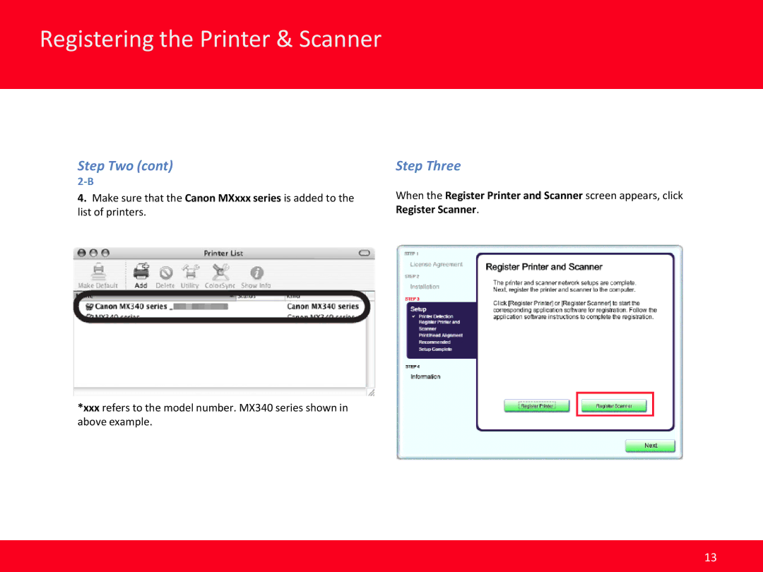 Canon MX340, MX350 manual Step Three, Register Scanner 