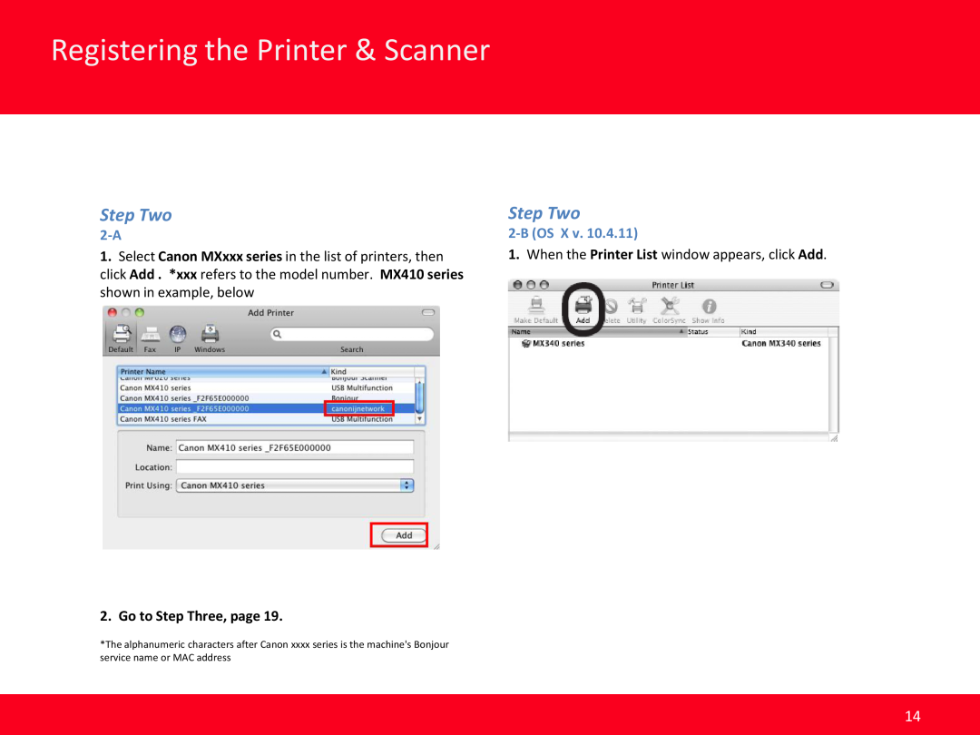 Canon MX410 manual Registering the Printer & Scanner, Step Two, Go to Step Three, page, B Os X 