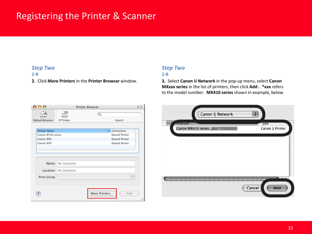 Canon MX410 manual Registering the Printer & Scanner, Step Two, Click More Printers in the Printer Browser window 