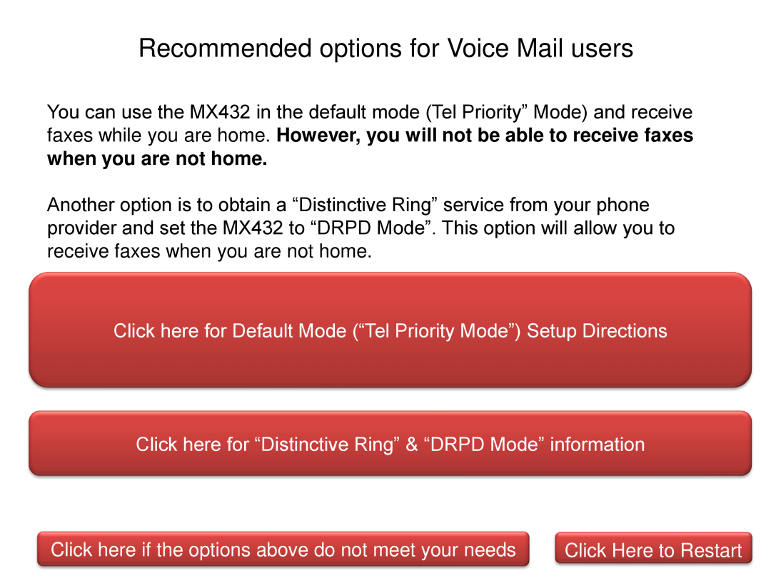 Canon MX432 Recommended options for Voice Mail users, Click here for Default Mode “Tel Priority Mode” Setup Directions 