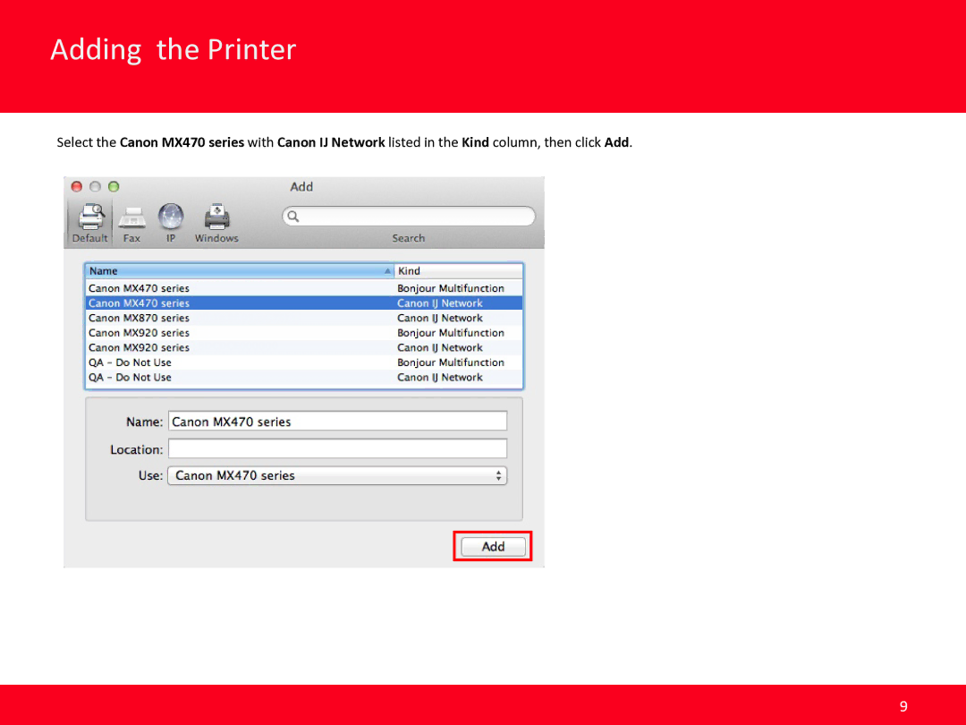 Canon MX472 manual Adding the Printer 