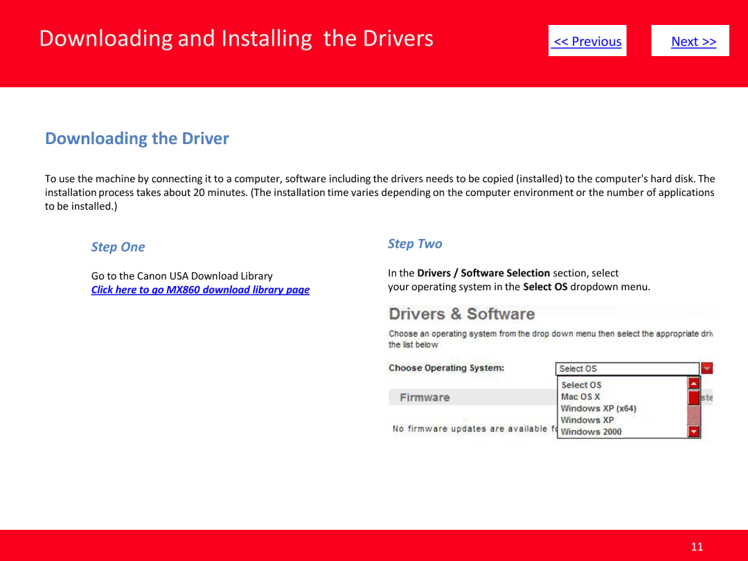 Canon MX860 manual Downloading and Installing the Drivers, Drivers / Software Selection section, select 