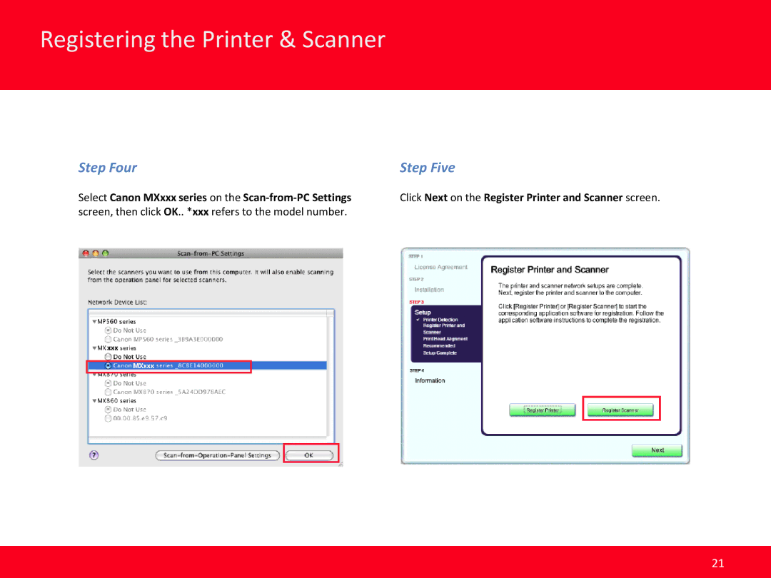 Canon MX350, MX870 manual Step Four Step Five, Select Canon MXxxx series on the Scan-from-PC Settings 