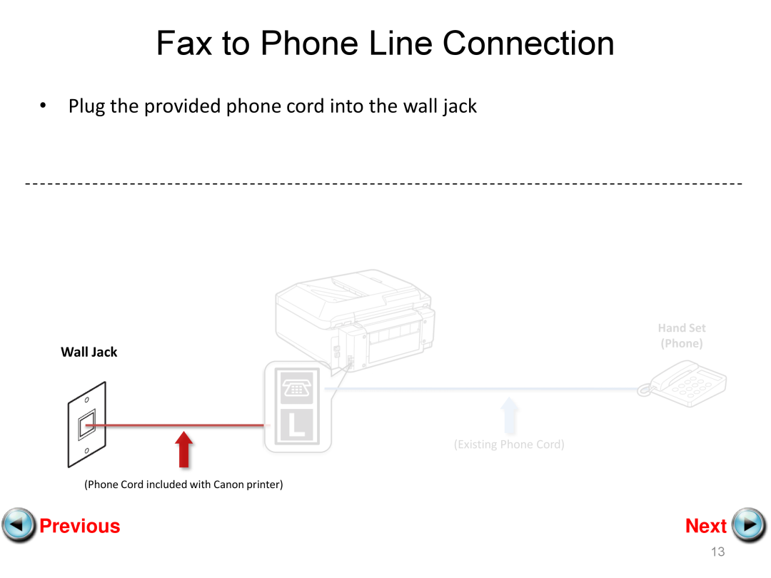 Canon mx882 manual Fax to Phone Line Connection, Plug the provided phone cord into the wall jack, Previous, Next, Wall Jack 