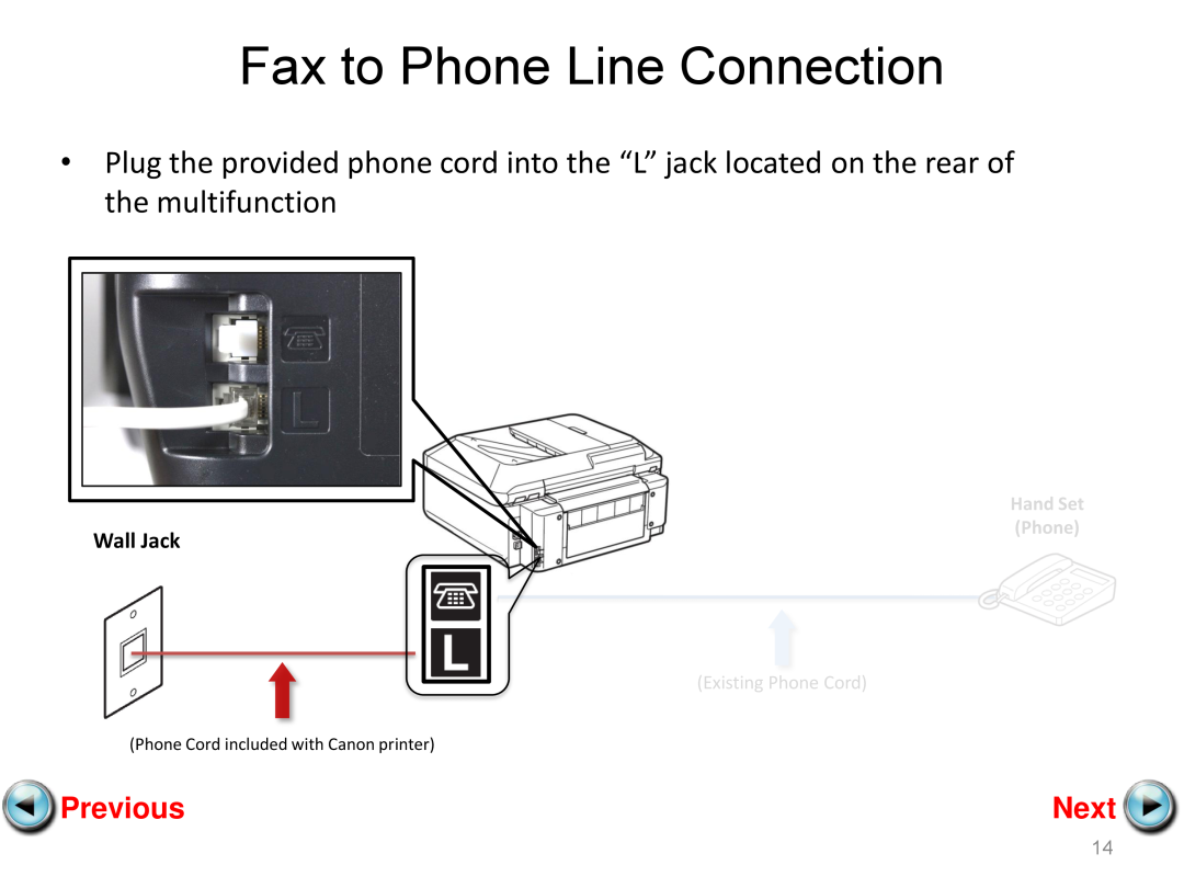 Canon mx882 manual Fax to Phone Line Connection, Previous, Next, Wall Jack, Phone Cord included with Canon printer 