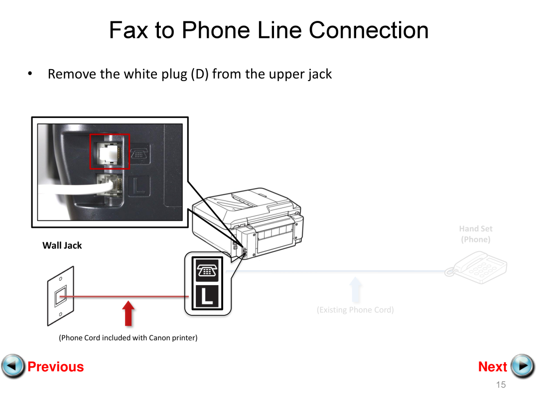 Canon mx882 manual Fax to Phone Line Connection, Remove the white plug D from the upper jack, Previous, Next, Wall Jack 