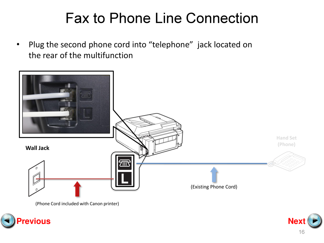 Canon mx882 manual Fax to Phone Line Connection, Previous, Next, Wall Jack, Existing Phone Cord 